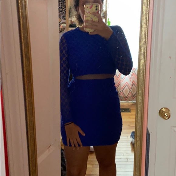 Royal Blue Formal Dress with Mesh Sleeves - Picture 4 of 6